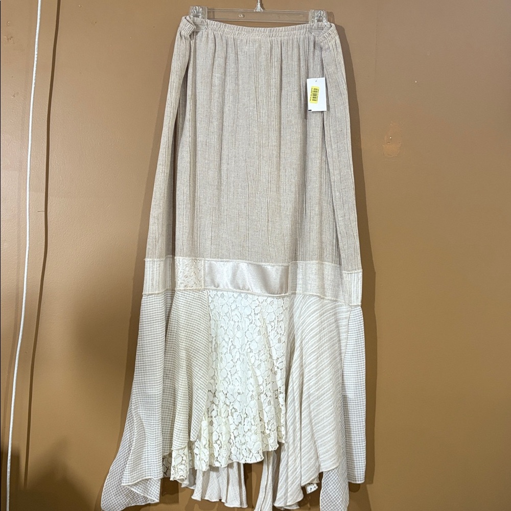 Cream Satin, Lace, Taupe Linen Women's Patchwork Asymmetrical 3/4 Hem Skirt XL